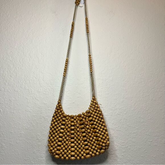 Vintage beaded Crossbody bag ☀️ wooden beads and gold chain ☀️ - Picture 1 of 6